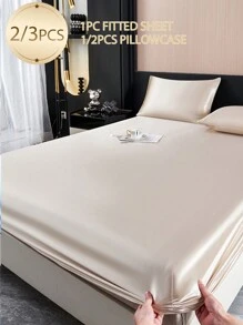 2/3pcs Solid Khaki Satin Bedding Set, Silky Soft Feel, Includes 1 Fitted Sheet And 1/2 Pillowcases (Pillow Insert Not Included), Modern Soft Bedding Set, Fits Twin, Full, Queen, King Size Beds, 11.8" Deep Pocket, Breathable & Wrinkle-Resistant, Machine Washable - Khaki - View 2