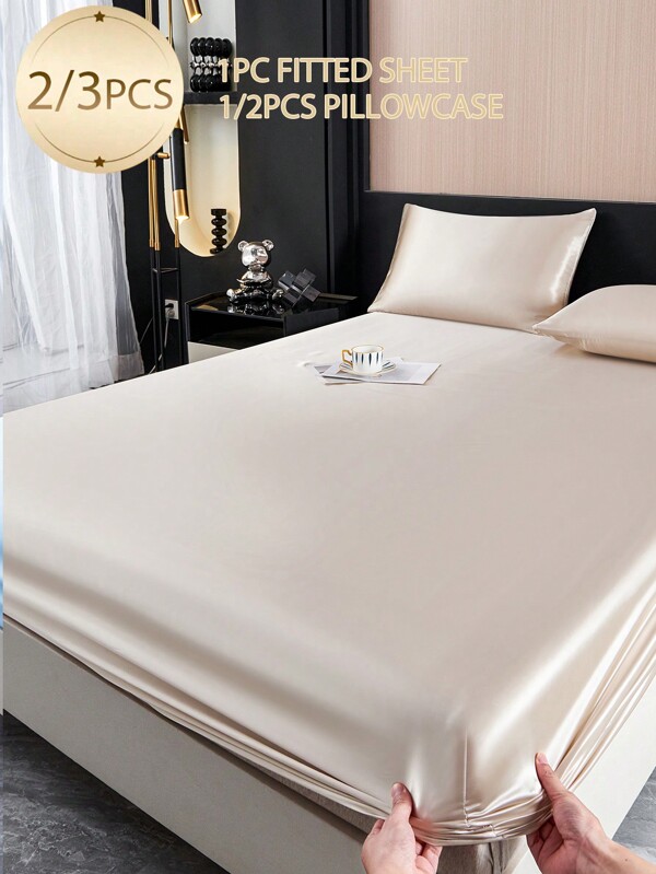 2/3pcs Solid Color Khaki Satin Fitted Sheet Set Simulation Silk Fitted Sheet Set With 1pc Fitted Sheet+1/2pcs Pillow Case Without Filler, Modern Soft Bedding Set For Household King Queen Full Twin Size  Sheet Bedspread Deep Pocket Up To 11.8 Inch Breatheable Wrink-Free Better For Sleep, Machine Washable