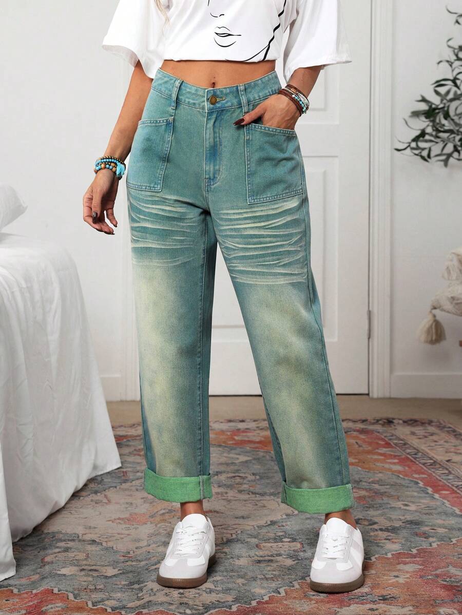 SHEIN LUNE Jeans de mezclilla sencilla y casual para uso diario de mujer - Verde - Ver 1