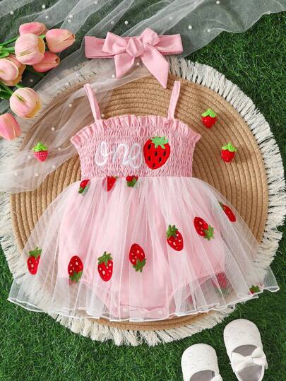 SHEIN Baby Girl Summer Suspender Bodysuit, Cute Embroidered Strawberry Mesh Decor, Essential For Home & Outdoor Wear