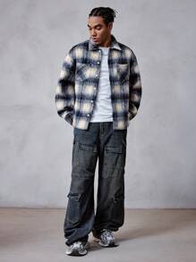 ROMWE MEN Street Life Plaid Loose Fit Heavyweight Jacket For Men - Blue - View 4