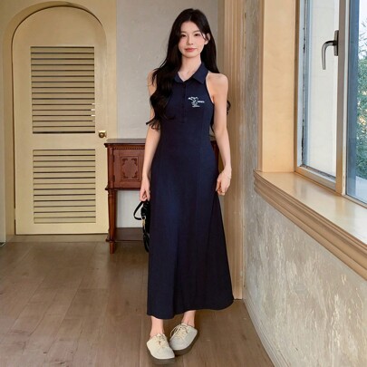 여성 캐주얼 강아지 자수 민소매 드레스 여름 선드레스
