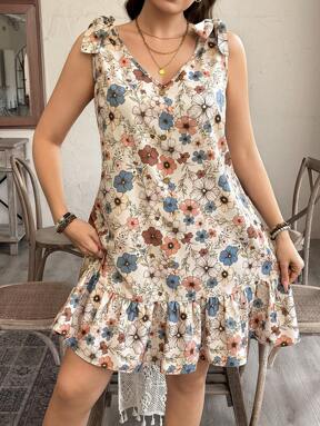 SHEIN LUNE Plus Size Sleeveless Floral Bowknot Casual Mini Dress Boho Cowgirl Outfit Old Money Festival Bohemian Western Wear Women Hippie Summer Boho Old Money Summer Outfits For Women Spring Break Rave Outfits Festival Spring Break Outfits