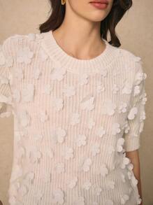 Poéselle White Short-Sleeved Sweater, Three-Dimensional Flower Sweater, Spring And Summer Sweater,Valentine's Day Sweater,Cute Tops,Women Embellished Round Neck Short Sleeve Sweater, Suitable For Everyday, Street, Date And Other Occasions To Wear