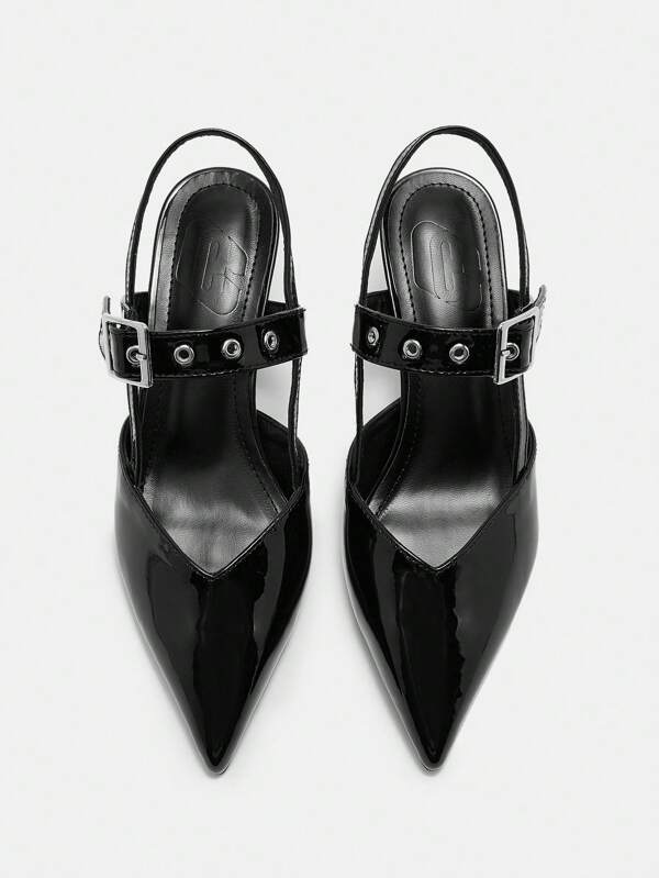 CUCCOO CURVES Plus Size Wide Pointed Black High Heel Slingback Pumps, Hardware Buckle Straps, Buckle Details, Back Strap, Elegant Wide Heeled Pumps Spring Shoes Spring Break Easter