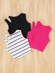 SHEIN Leap Crew 3pcs Young Girl Casual Minimalist Style Round Neck Hollow Back Tank Top - Multicolor - View 2