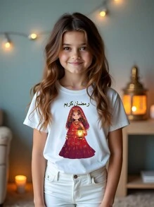 女童青年休闲圆领针织印花T恤 - 白色 - 查看 1