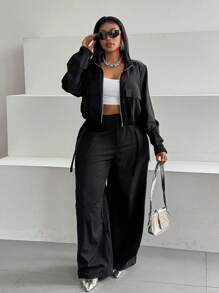 Maweii Set casual da 2 pezzi, composto da top con chiusura lampo e manica lunga di colore unito e pantaloni lunghi, per taglie comode