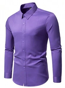 Manfinity Mode 休闲简约时尚衬衫，日常穿着 - 紫色 - 查看 3