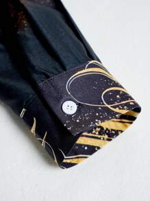 Men's Front Button Long Sleeve Casual New Year Printed Shirt Top For New Year Eve - Black - View 5