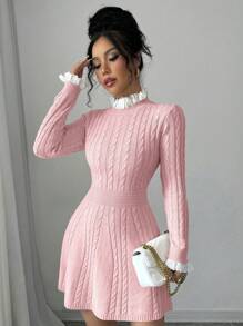 Elenzga Casual Drawstring Ruffle Waist Sweater Dress, Autumn/Winter - Pink - View 6