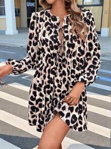 SHEIN Frenchy Women's Leopard Print Tie Front Lantern Long Sleeve Short Dress,Beige,Autumn,Boho Chic,Vacation,Casual Pleat Cross Neck Winter New Years Cheetah Dress - Multicolor - View 5