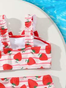 3 件装女婴蝴蝶结拼接格子沙滩装套装，配可爱格子帽 - 彩色 - 查看 3