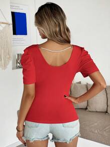 SHEIN Clasi Women's Fashion Elegant Bodycon T-Shirt With Back Pearl Decor, Red Top