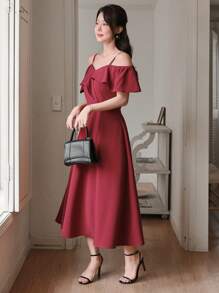 DAZY Solid Color Sleeveless Ruffle Trim Mid-Length Dress For Women Sundress Red Women Dresses - Red - View 5