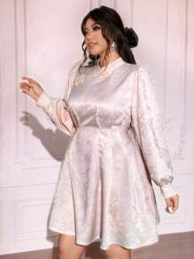 SHEIN Unity Robe élégante de fête de grande taille, col montant en jacquard de couleur unie avec boutons - Rose bonbon - Voir 5