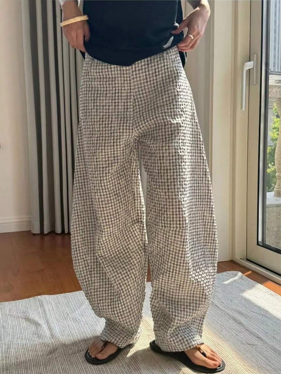 Men's Pocket Plaid Wide Leg Loose Pants - Khaki - View 1