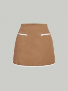 SHEIN MOD Women's Camel Color Contrast Trim Brown Mini Skirt,Business Casual Woman,Airport For Women,Going Out Top,Office Top,Boho Top,Old Money Style Women Skirt - Camel - View 1