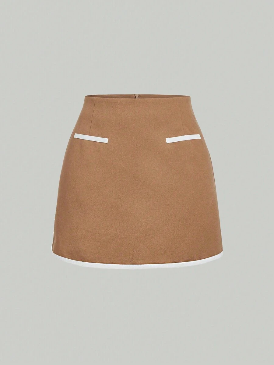 SHEIN MOD Women's Camel Color Contrast Trim Brown Mini Skirt,Business Casual Woman,Airport For Women,Going Out Top,Office Top,Boho Top,Old Money Style Women Skirt - Camel - View 1