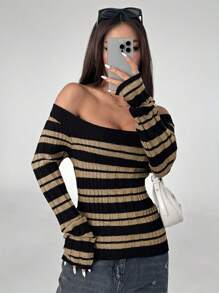 Lunelith SHEIN Lunessa Women's Striped Off-Shoulder Long Sleeve Casual Pullover Sweater, Autumn/Winter