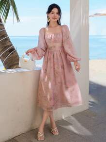 DAZY Spring New Fashion Plant Print Waist High Waist Sundress, Elegant Long Sleeve Ditsy Floral Dress, High-End Pink Ditsy Floral Formal Dress For Women