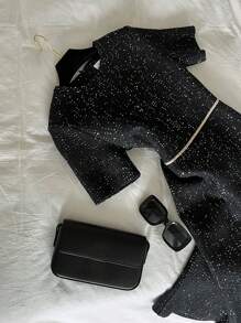 DAZY Vestido elegante de manga corta hasta la rodilla, ajustado, con decoración de lentejuelas para mujer
