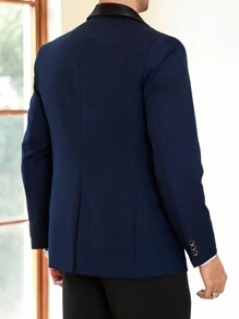 Manfinity Bizformal جاكيت بدلة رجالية ذات لون أحادي الصدر، طويلة الأكمام للأعمال - أزرق بحري - مشاهدة 2