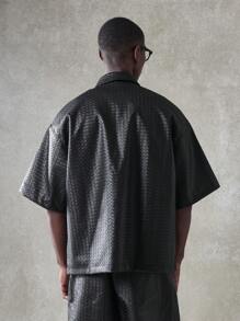 SUMWON Luxurious Quilted Diamond Pattern Zip-Up Oversized Shirt Jacket Modern Urban Designer Fall Winter Statement Piece Contemporary Stylish Outerwear Fashion Forward - Black - View 3