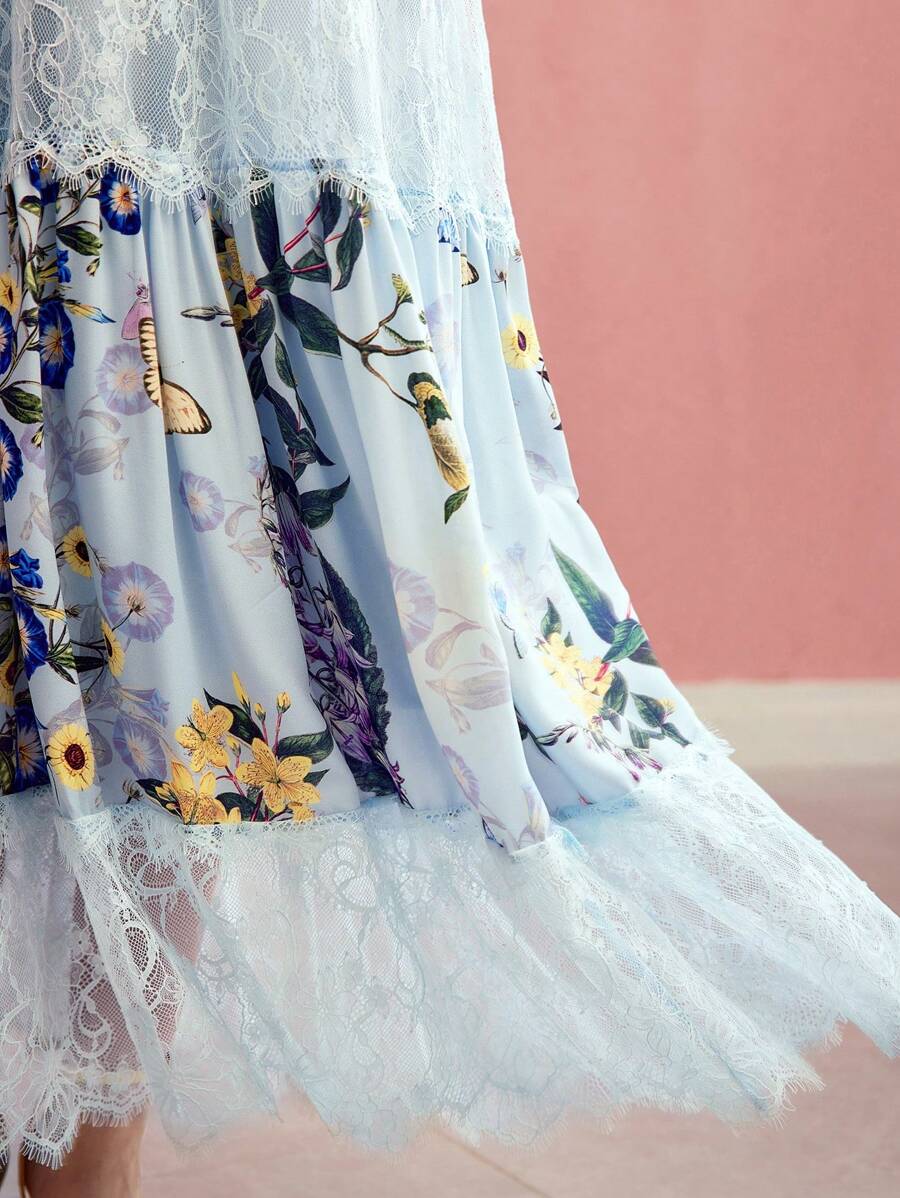 MOTF PREMIUM Robe imprimée de fleurs avec contraste en dentelle - Multicolore - Voir 2