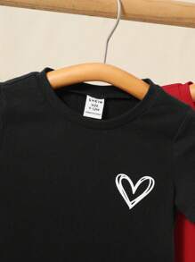 SHEIN 3pcs/Set Casual Versatile Heart Print Short Sleeve T-Shirt Tops, For Baby Girls - Multicolor - View 5