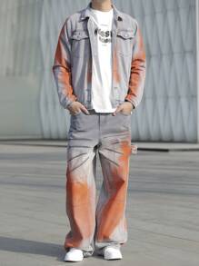 Manfinity Roghcode Men Casual Washed Vintage Denim Jacket And Jeans 2 Pieces Set, Fall - Multicolor - View 1