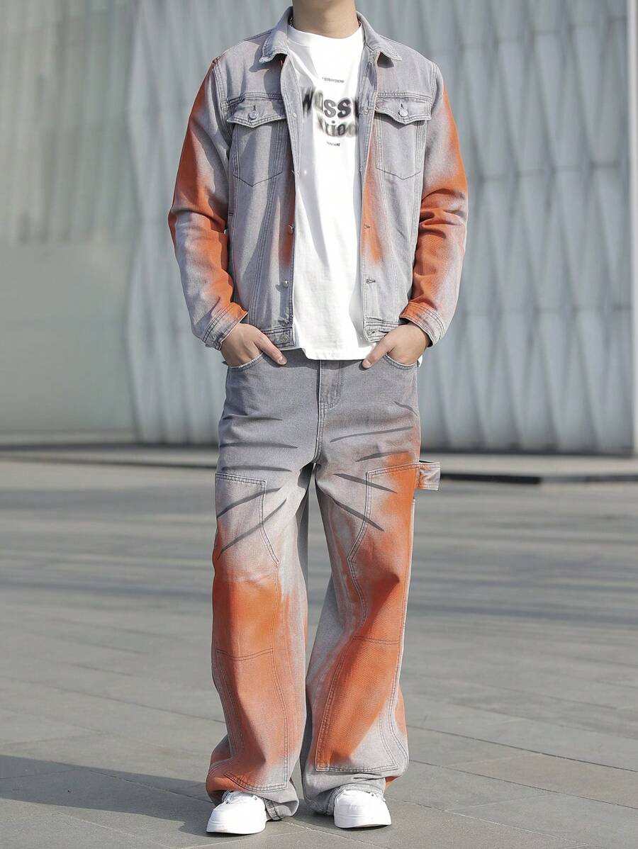 Manfinity Roghcode Men Casual Washed Vintage Denim Jacket And Jeans 2 Pieces Set, Fall - Multicolor - View 1