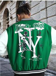 Manfinity VCAY 男士数码印花宽松长袖棒球夹克/外套，适合秋冬 - 綠色 - 查看 4