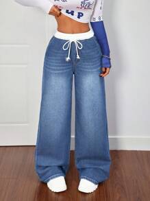 SHEIN PETITE 女式双腰休闲阔腿牛仔裤、女式妈妈牛仔裤、牛仔裤、女式喇叭裤、低腰宽松牛仔裤、寒冷天气、冬季女式裤子、感恩节、小号宽松牛仔裤 - 藍色 - 查看 6