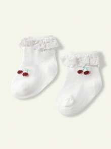 Cozy Pixies 1 Pair Basic Cherry Pattern Baby Girls Cotton Lace Trim Socks, Suitable For Daily Wear, All Seasons