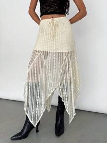 SHEIN Essnce Falda asimétrica de encaje de unicolor para mujeres, ropa de San Valentín, falda de fiesta elegante y personalizada - Albaricoque - Ver 11