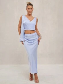 Lumalex 春季情人节甜美美丽情人节装圣瓦伦丁情人节复活节婚礼订婚成人礼 2 件缎面纹理系腰 V 领无袖美人鱼紧身连衣裙套装女士 - 淺藍色 - 查看 5