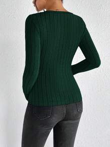 SHEIN Frenchy Casual Solid Color Slim Fit Long Sleeve T-Shirt, Spring/Autumn Winter Green Christmas - Dark Green - View 2