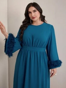 Graceveil Plus Size Long Flare Sleeve Cinched Waist Modest Maxi Dress - Blue - View 5