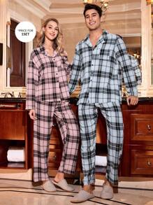 Plaid Print Open Collar Loose Long Sleeve Men Pajama Set' - Blue - View 1