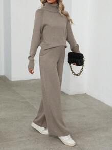 EMERY ROSE 2pcs Women's Solid Color Turtleneck Long Sleeve Casual Sweater And Pants Set - Camel - View 4