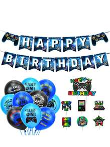 Gaming Theme Party Decoration Set With Game Controller Banner, Balloons, Cake Toppers, Home Decorations For Birthday Party Valentine's Day, Valentines Wedding, Birthday