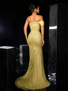 Glamrae Elegantes, romantisches, wunderschönes, sexy Kleid für Frühling und Sommer in Gelb mit Pailletten, Satinsteppung, Carmen-Ausschnitt, plissierter Taille, seitlichem Fließ, Fischschwanzsaum, geeignet für Urlaub, Geburtstagsfeiern, Dates, Abschlussbälle, formelle Dinner, Hochzeitsgäste, Abendkleider - Gelb - Übersicht 4