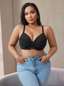 1 st Plus Size Comfortabele Sexy Contrasterende Kant Vrouwen Kant BH, Wire Cup Lingerie