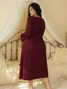 Côtesoire Plus Size Ruffled Collar Color Block Long Sleeve Nightgown - Rose Red - View 2