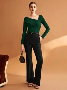 BizChic 春夏新款绿色女式上衣，纯色不对称领弹力T恤，商务休闲时尚都市通勤日常百搭浪漫90年代复古风圣诞节新年情人节派对海滩毕业典礼时尚嘉年华假日休闲简约浪漫风，适合婚礼宾客、主人、约会、派对、音乐会、早午餐、机场等多种场合。 - 墨綠色 - 查看 7