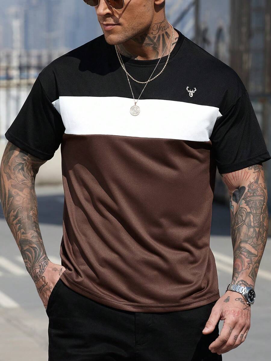 Manfinity CasualCool Men's Contrast Color Round Neck Short Sleeve Casual T-Shirt - Black - View 1