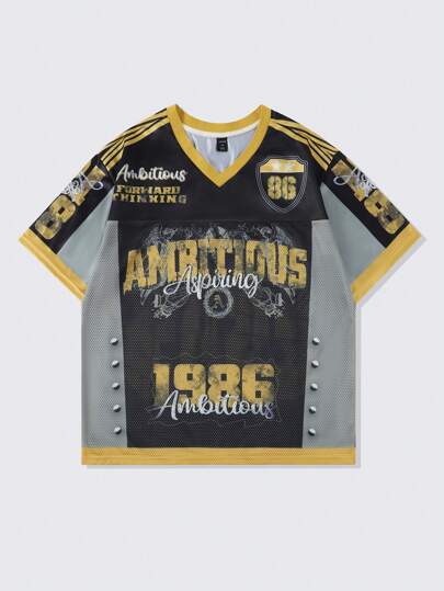 Prep Men's Basketball Jersey Short Sleeve T-Shirt, Sports Mesh Patchwork, Summer