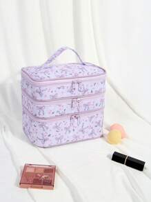 Jun Shu Artist Bow Pattern Fashionable Cute 3 Layers Cosmetic Bag For Storage, Square-Shaped Makeup Bag - Mauve Purple - View 3
