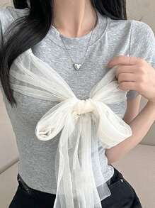 DAZY Women's Round Neck Fitted Cropped Contrast Mesh Bowknot Short Sleeve T-Shirt, Spring/Summer - Grey - View 1